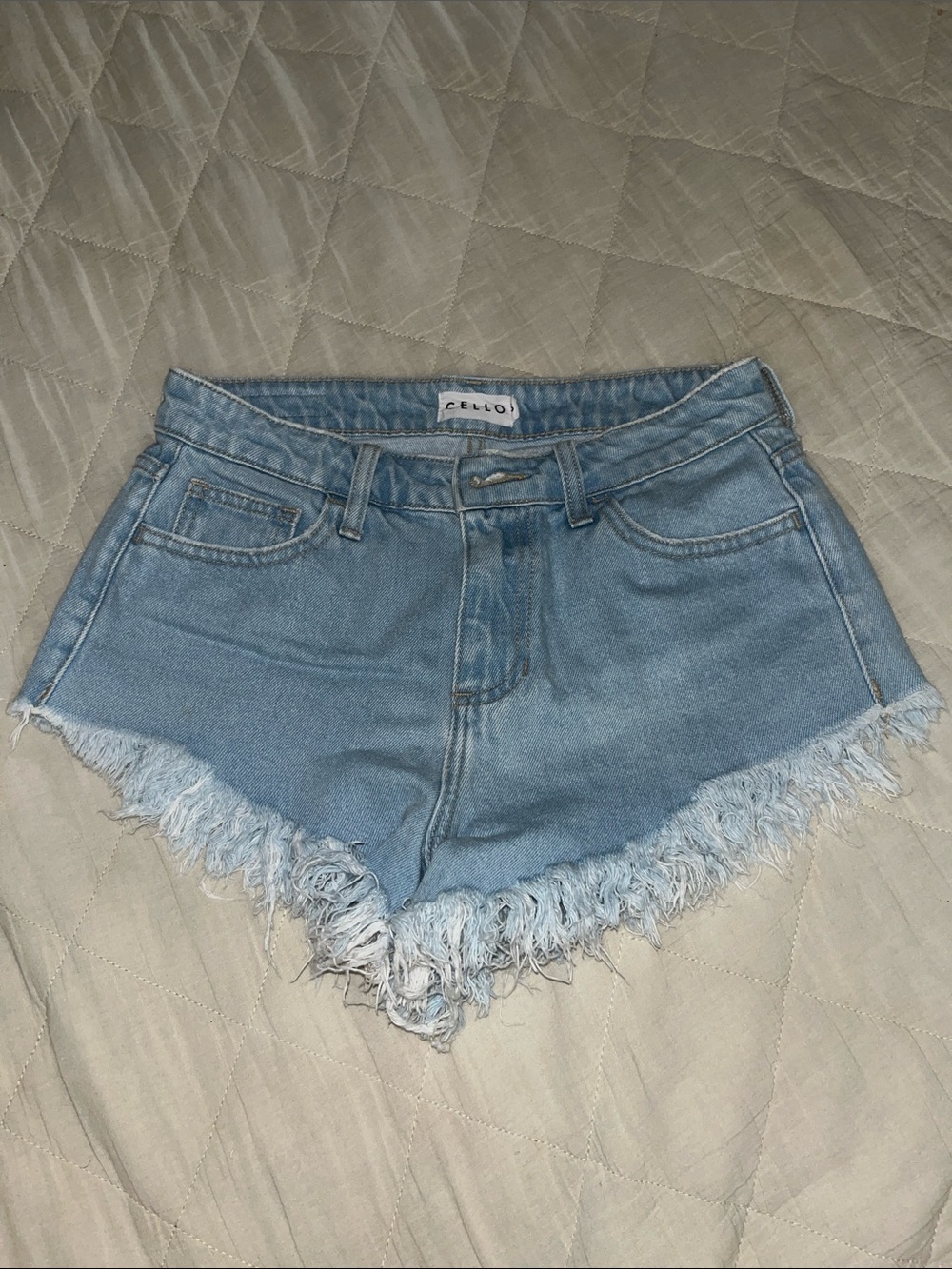Cello Light Blue Denim Distressed Frayed Hem Shorts